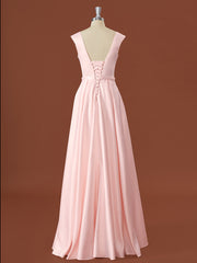 Prom Dresses With Slit, A-line Satin V-neck Floor-Length Bridesmaid Dress