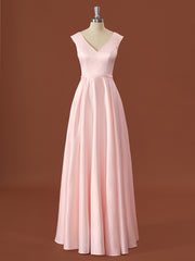 Prom Dress With Slit, A-line Satin V-neck Floor-Length Bridesmaid Dress