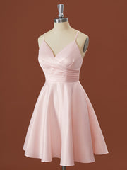 Prom Dresses 2029 Short, A-line Satin V-neck Pleated Short/Mini Bridesmaid Dress