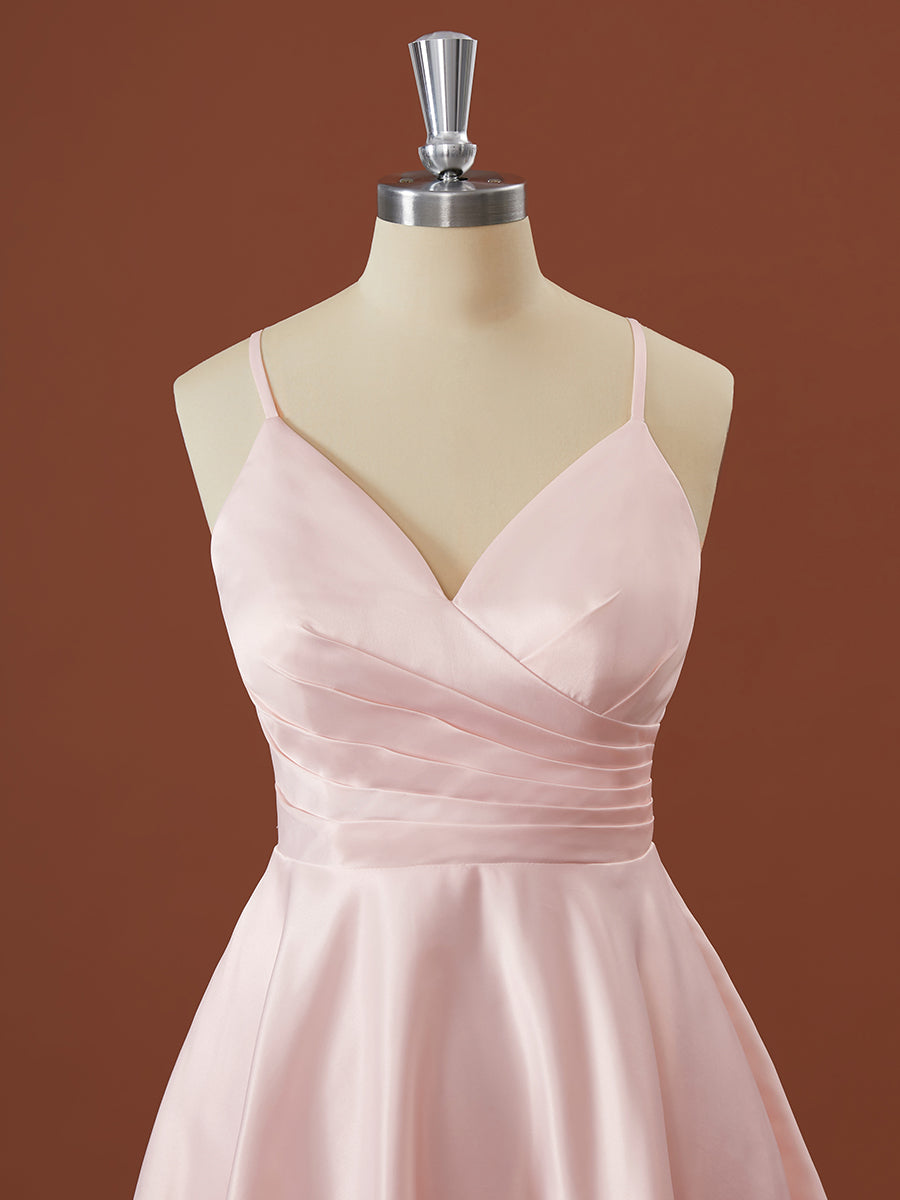 Prom Dress Graduacion, A-line Satin V-neck Pleated Short/Mini Bridesmaid Dress