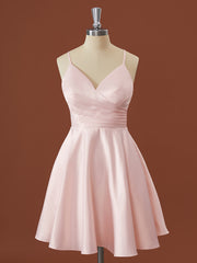 Prom Dress Black, A-line Satin V-neck Pleated Short/Mini Bridesmaid Dress