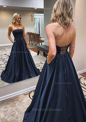 Prom Dress Ideas Unique, A-line Scalloped Neck Sweep Train Satin Prom Dress With Pockets