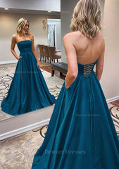 Prom Dresses Princess, A-line Scalloped Neck Sweep Train Satin Prom Dress With Pockets