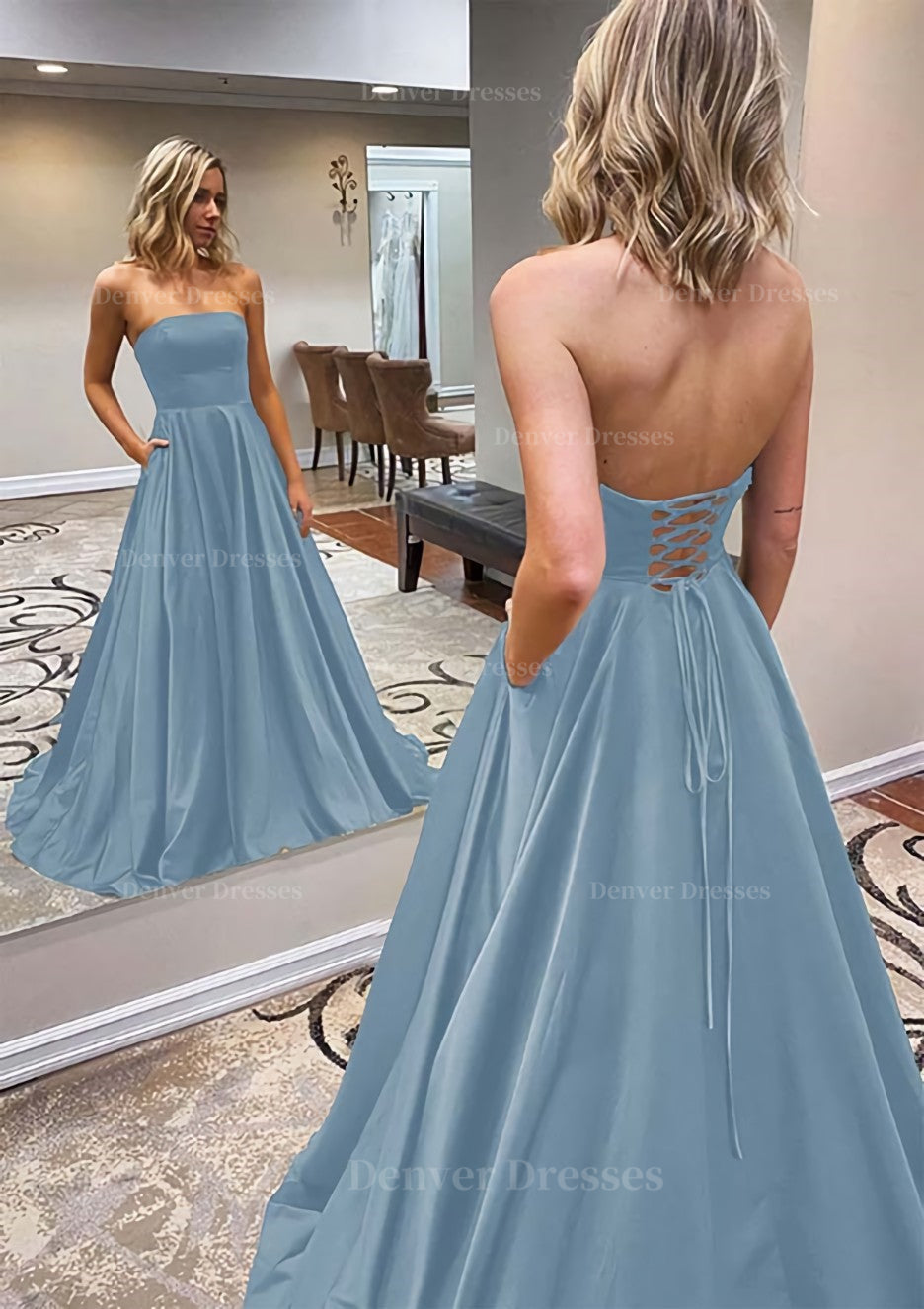 Prom Dress Inspo, A-line Scalloped Neck Sweep Train Satin Prom Dress With Pockets
