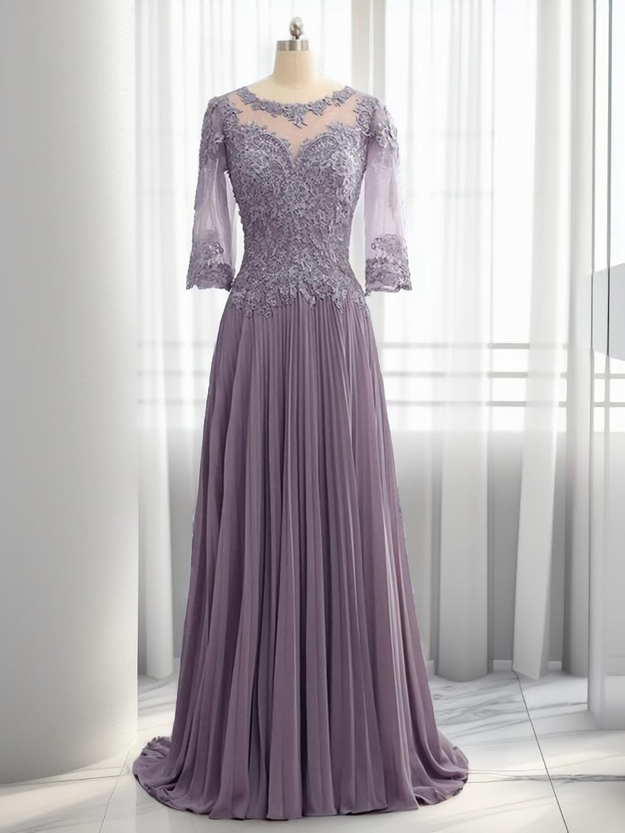 Party Dress Name, A-line Scoop 3/4 Sleeves Appliques Lace Sweep Train Chiffon Mother of the Bride Dress