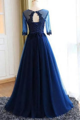 Long Sleeve Dress, A-line Scoop Neck Dark Blue Long Prom Dresses With Sleeves
