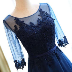Summer Wedding, A-line Scoop Neck Dark Blue Long Prom Dresses With Sleeves