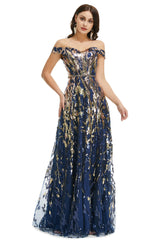 Plu Size Prom Dress, A Line Sequins Off the Shoulder Long Prom Dresses