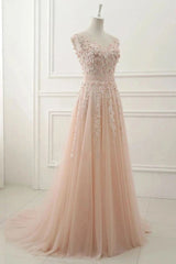 Wedding Inspiration, A Line Sheer Neck Cap Sleeves Tulle Prom Dresses With Appliques