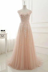 Pretty Prom Dress, A Line Sheer Neck Cap Sleeves Tulle Prom Dresses With Appliques