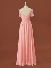 Prom Dress2030, A-line Short Sleeves Chiffon V-neck Pleated Floor-Length Bridesmaid Dress