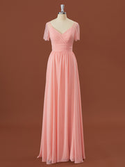 Prom Dressed 2030, A-line Short Sleeves Chiffon V-neck Pleated Floor-Length Bridesmaid Dress