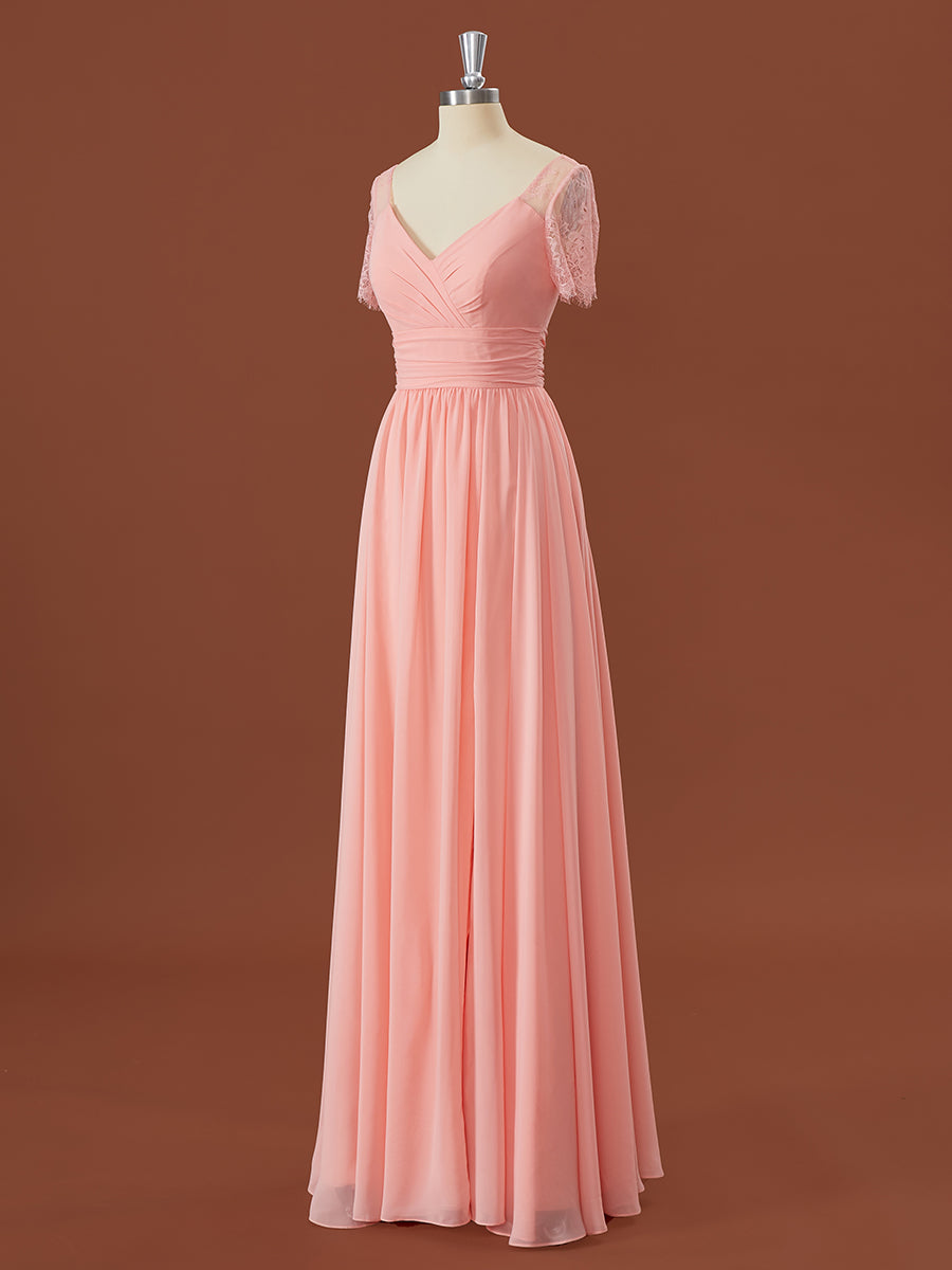 Prom Dresses2030, A-line Short Sleeves Chiffon V-neck Pleated Floor-Length Bridesmaid Dress