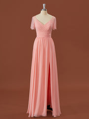Prom Dress On Sale, A-line Short Sleeves Chiffon V-neck Pleated Floor-Length Bridesmaid Dress