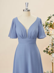 Prom Dress Online, A-line Short Sleeves Chiffon V-neck Pleated Floor-Length Bridesmaid Dress