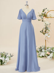 Prom Dress Sales, A-line Short Sleeves Chiffon V-neck Pleated Floor-Length Bridesmaid Dress
