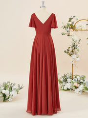 Prom Dresses Fitted, A-line Short Sleeves Chiffon V-neck Pleated Floor-Length Bridesmaid Dress