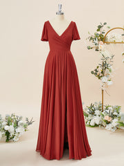 Prom Dress A Line Prom Dress, A-line Short Sleeves Chiffon V-neck Pleated Floor-Length Bridesmaid Dress