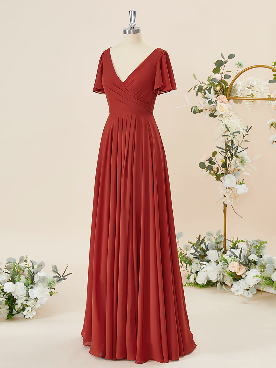 Prom Dresses Simple, A-line Short Sleeves Chiffon V-neck Pleated Floor-Length Bridesmaid Dress