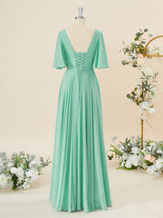 Prom Dress Trends For The Season, A-line Short Sleeves Chiffon V-neck Pleated Floor-Length Bridesmaid Dress