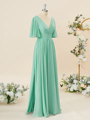 Prom Dresses Different, A-line Short Sleeves Chiffon V-neck Pleated Floor-Length Bridesmaid Dress