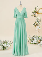 Prom Dress Inspo, A-line Short Sleeves Chiffon V-neck Pleated Floor-Length Bridesmaid Dress