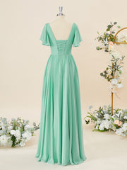 Prom Dresses Under 58, A-line Short Sleeves Chiffon V-neck Pleated Floor-Length Bridesmaid Dress