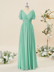 Prom Dress 2031, A-line Short Sleeves Chiffon V-neck Pleated Floor-Length Bridesmaid Dress
