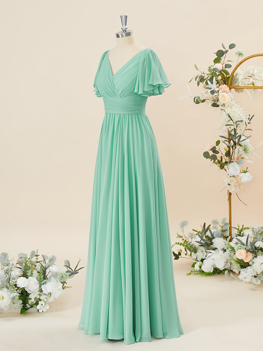 Prom Dresses Uk, A-line Short Sleeves Chiffon V-neck Pleated Floor-Length Bridesmaid Dress