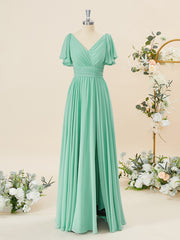 Prom Dresses Classy, A-line Short Sleeves Chiffon V-neck Pleated Floor-Length Bridesmaid Dress