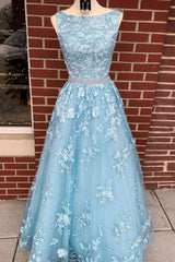Flower Dress, A-line Sky Blue Prom Dress Long Sleeveless Graduation Gown,Prom Dresses