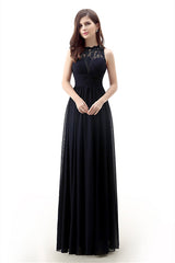 Prom Dresses For Brunettes, A Line Sleeveless Lace Chiffon Long Black Prom Dresses