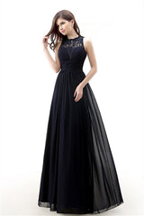 Prom Dress Fitted, A Line Sleeveless Lace Chiffon Long Black Prom Dresses