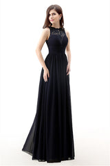 Prom Dresses Fitting, A Line Sleeveless Lace Chiffon Long Black Prom Dresses