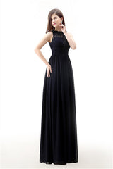 Prom Dress Long Formal Evening Gown, A Line Sleeveless Lace Chiffon Long Black Prom Dresses