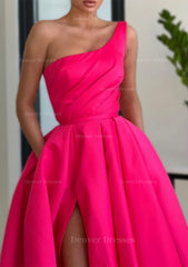 Prom Dress Burgundy, A-line Sleeveless One-Shoulder Long/Floor-Length Satin Prom Dress With Split Ruffles Pockets