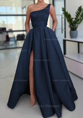 Prom Dresses Burgundy, A-line Sleeveless One-Shoulder Long/Floor-Length Satin Prom Dress With Split Ruffles Pockets