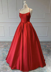 Homecoming Dresses Red, A-line Sleeveless Square Neckline Long/Floor-Length Satin Prom Dress
