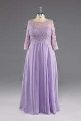 Party Dresses Size 23, Lilac A-Line 3/4 Sleeves Scoop Lace Prom Dress