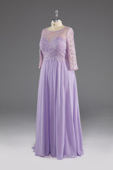 Party Dresses Lace, Lilac A-Line 3/4 Sleeves Scoop Lace Prom Dress
