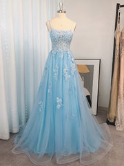 Formal Dresses Long, A-line Spaghetti Straps Appliques Lace Sweep Train Tulle Dress