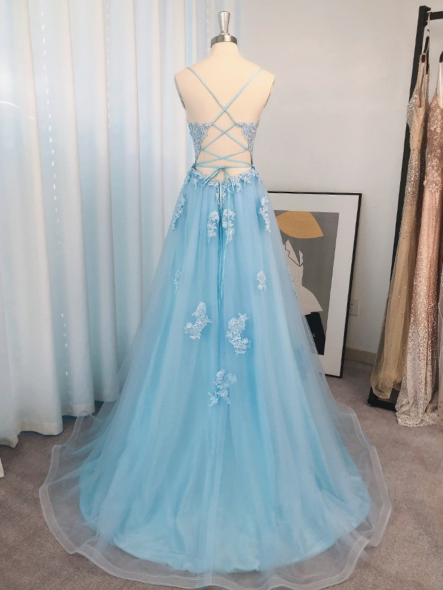 Formal Dresses For Teens, A-line Spaghetti Straps Appliques Lace Sweep Train Tulle Dress
