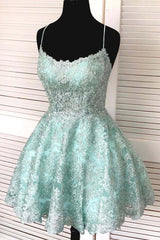 Party Dresses Prom, A-Line Spaghetti Straps Backless Mint Green Lace Short Prom Dress, Backless Mint Green Lace Formal Graduation Homecoming Dress