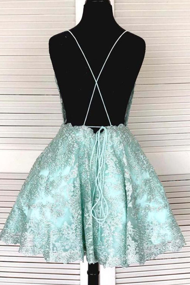 Party Dresse Idea, A-Line Spaghetti Straps Backless Mint Green Lace Short Prom Dress, Backless Mint Green Lace Formal Graduation Homecoming Dress