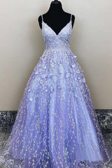 Party Dress Black, Lavender Spaghetti Straps Lace Floral A-line Formal Gowns Long Prom Dresses