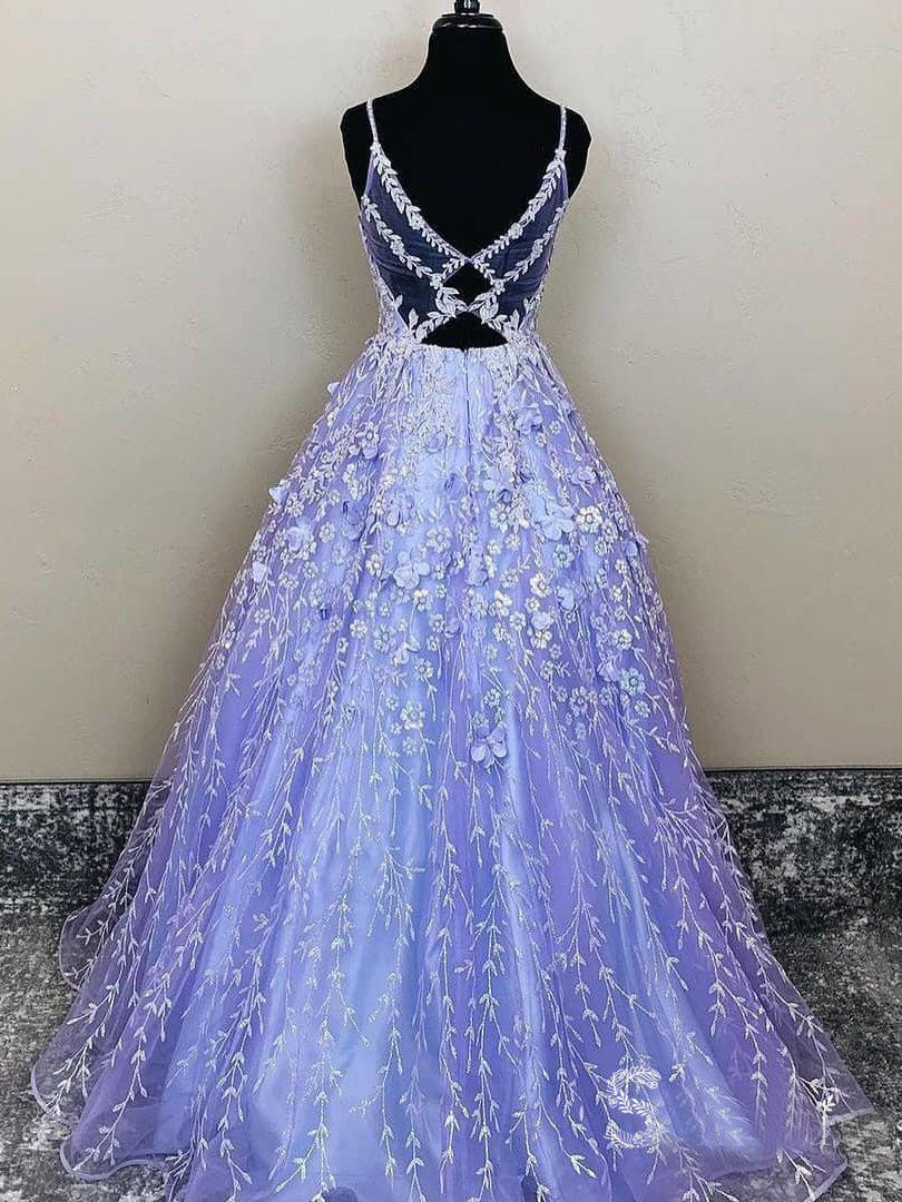 Party Dress Large Size, Lavender Spaghetti Straps Lace Floral A-line Formal Gowns Long Prom Dresses