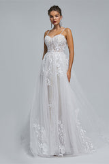 Wedding Dresses Shopping, A-Line Spaghetti Straps Tulle Decal Long Wedding Dresses