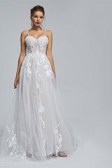 Wedding Dresses Shop, A-Line Spaghetti Straps Tulle Decal Long Wedding Dresses