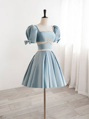 Bridesmaids Dresses Wedding, A-Line Square Neckline Blue Short Prom Dress, Cute Blue Homecoming Dress
