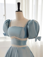 Bridesmaid Dress Wedding, A-Line Square Neckline Blue Short Prom Dress, Cute Blue Homecoming Dress